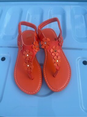 Girls' Orange Floral T-Strap Sandals with Elastic Heel